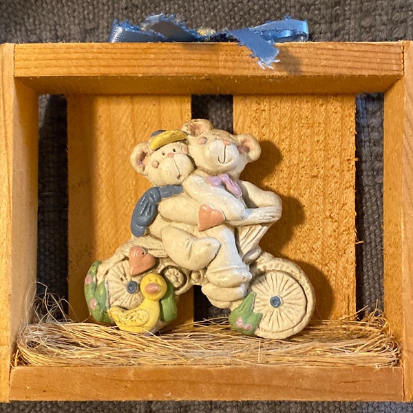 Vintage hand painted resin teddy bears on a bike wood crate wall hanger
