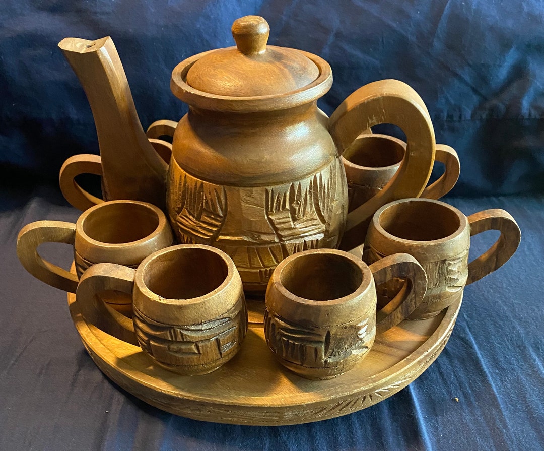 Hand Carved Wooden Tea Set W/ Lazy Susan - Etsy