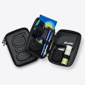 May include: Black zipped case with a textured exterior, open to reveal a variety of diabetes supplies, including a glucometer, lancets, insulin pens, and glucose tablets. The case is labelled "glucology".