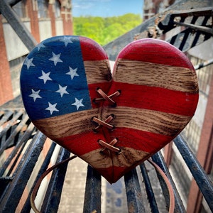 Wood Heart American Flag Heart wall decor gift leather stitched USA rustic handmade gift vintage Americana style image 1