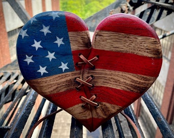 Wood Heart American Flag Heart wall decor gift leather stitched USA rustic handmade gift vintage Americana style