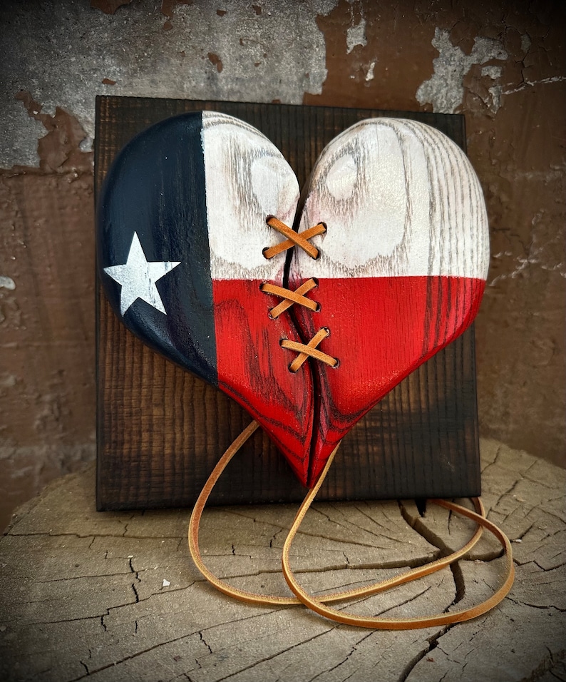 Wood Heart American Flag Heart wall decor gift leather stitched USA rustic handmade gift vintage Americana style image 9