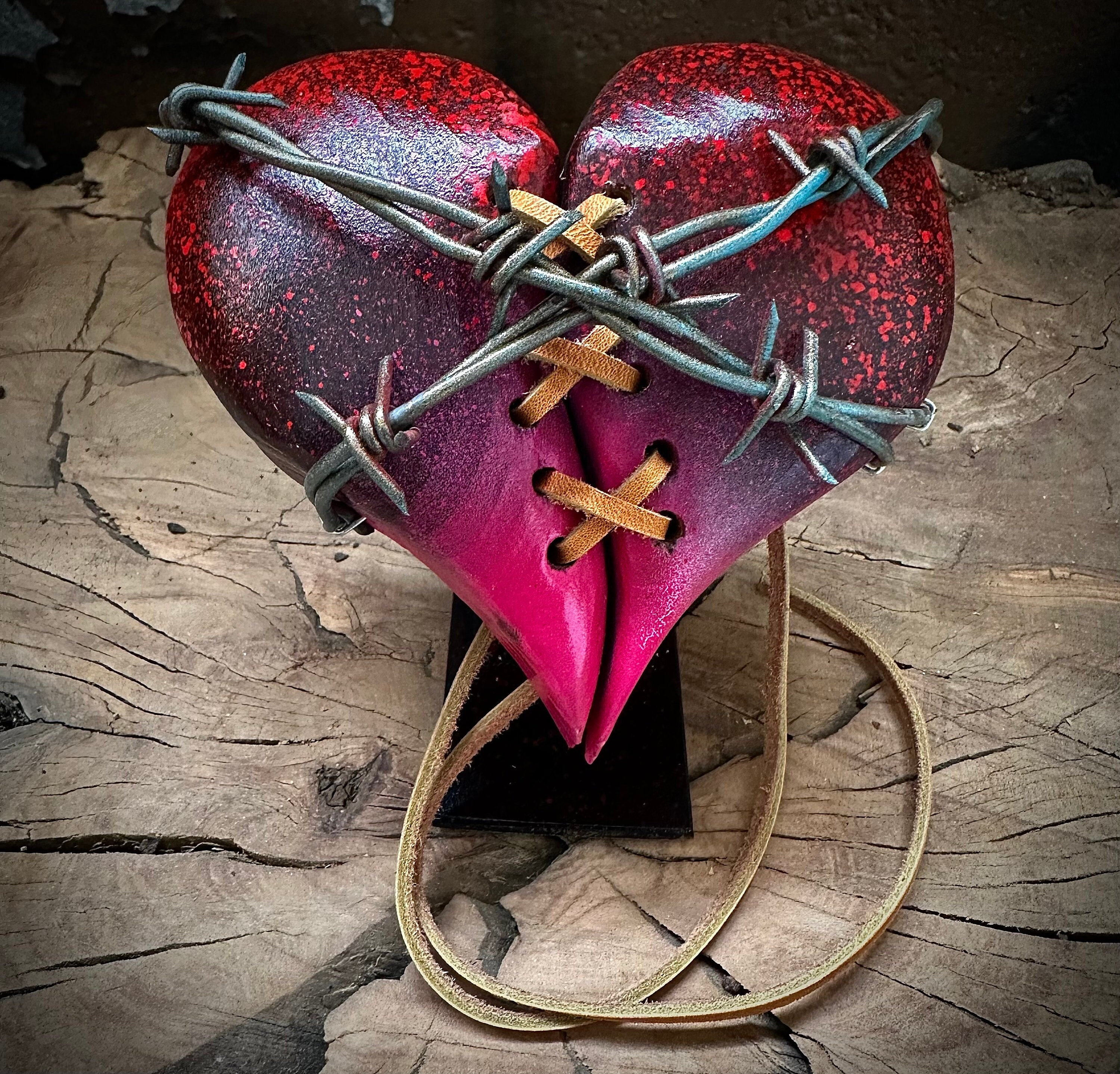 Handmade Leather Stitched Kintsugi Heart Sculpture: Barbed Wire