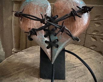 Distressed Wood Heart in Copper Patina finish on steel pedestal art piece home decor love gifts special occasion rustic events