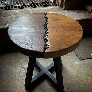 Reclaimed wood side table unique accent table handmade leather stitched Repurposed Home Decor Farmhouse Style