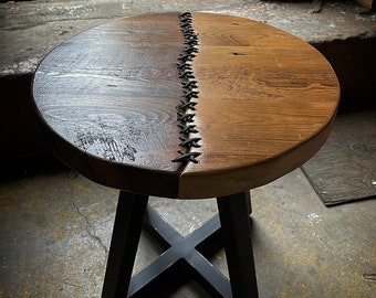 Reclaimed wood side table unique accent table handmade leather stitched Repurposed Home Decor Farmhouse Style