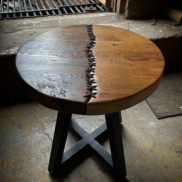 Handmade Reclaimed Wood Side Table: Leather Stitched Accent Table