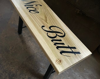 Handmade wood and steel entry mud room seating shoe bench rustic furniture FREE custom lettering