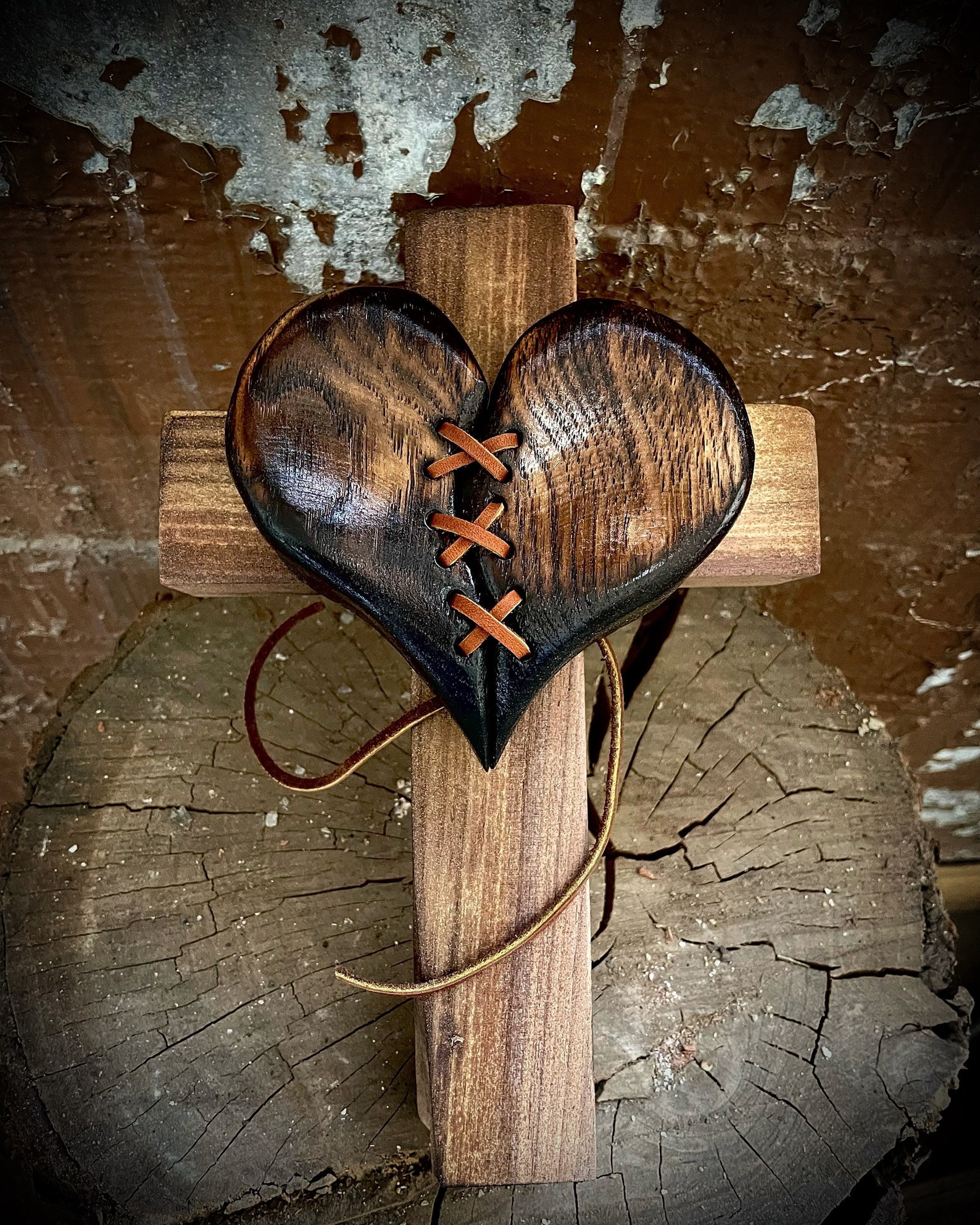 Wood Heart on Rustic Cross Wall Decor Leather Stitched Gift Etsy