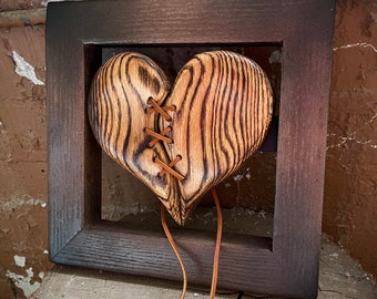 Handmade Wood Heart Sculpture: Rustic Stitched Heart Artwork