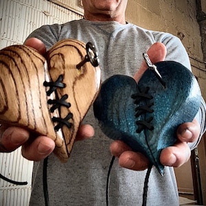 Handmade 3D wooden heart with leather stitching and skeleton Key Rustic Heart Sculpture Unique Home Decor personalized gift Wood Art