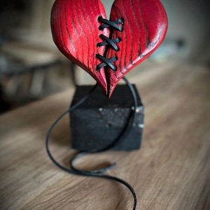 Wood 3D Heart Leather Stitched pedestal table shelf decor handmade shou sugi ban