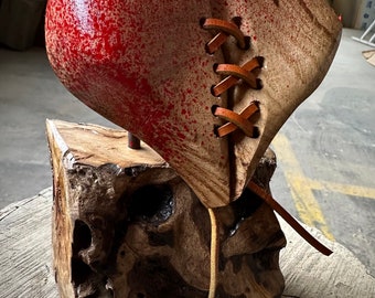 Distressed leather stitched Wood Heart on olive wood pedestal art piece home decor love gifts