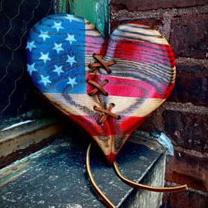 Wood Heart American Flag Heart wall decor gift leather stitched USA rustic handmade gift vintage Americana style image 8