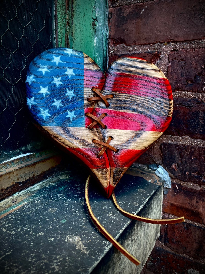 Wood Heart American Flag Heart wall decor gift leather stitched USA rustic handmade gift vintage Americana style image 8