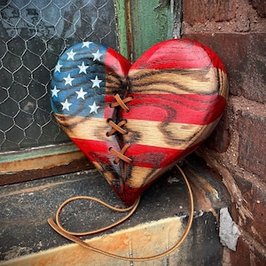 Wood Heart American Flag Heart wall decor gift leather stitched USA rustic handmade gift vintage Americana style image 2