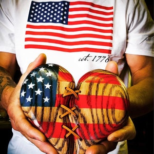 Wood Heart American Flag Heart wall decor gift leather stitched USA rustic handmade gift vintage Americana style image 7