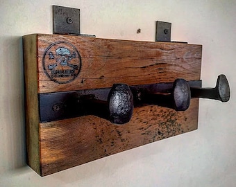 Handmade Reclaimed Wood Coat Rack: Rustic Railroad Spike Hanger