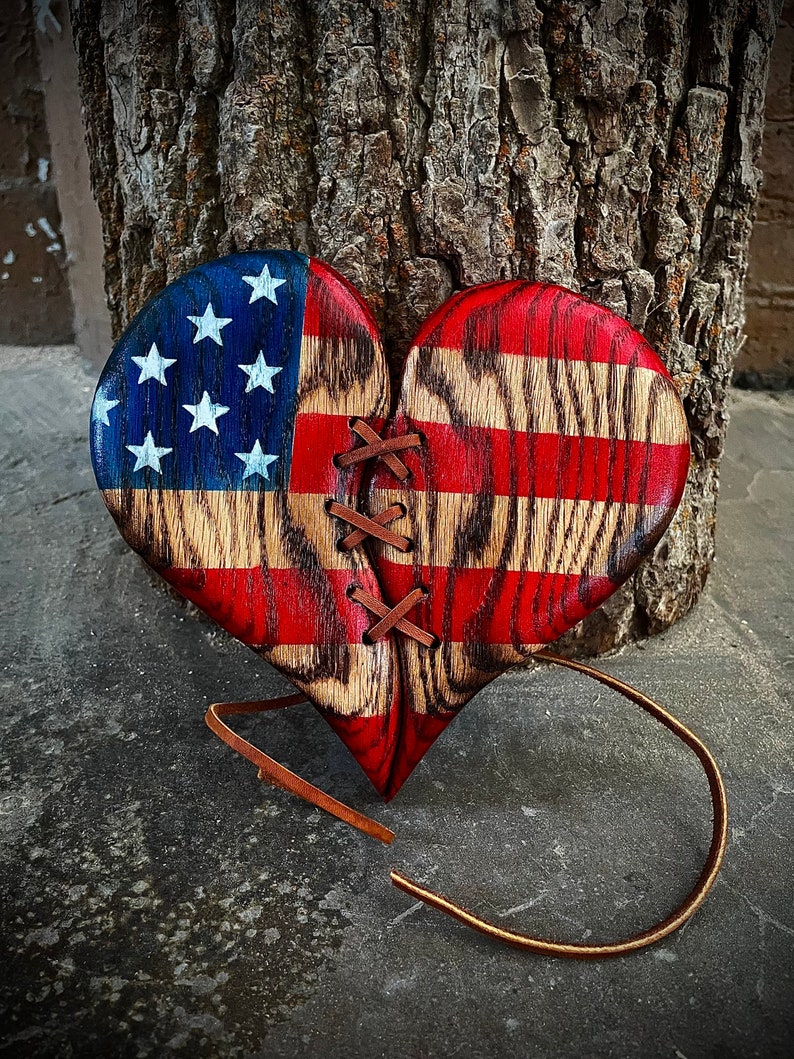 Wood Heart American Flag Heart wall decor gift leather stitched USA rustic handmade gift vintage Americana style image 3