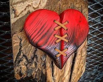 Hand carved  Wood Broken Heart leather stitched wood sculpture wall decor wedding gift anniversary present