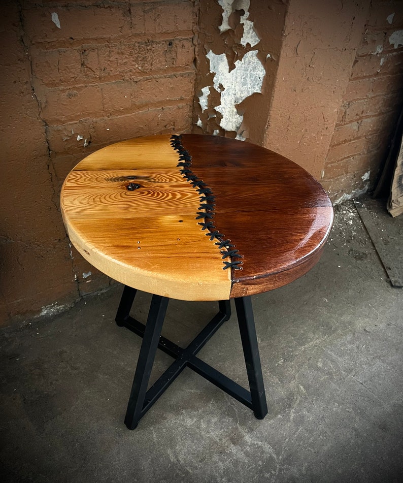 Reclaimed Wood Side Table Unique Accent Table Handmade Leather - Etsy