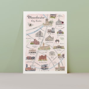 Centre-ville de Manchester - Carte illustrée | Monuments de Manchester | aquarelle art mural