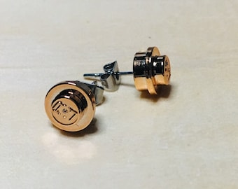 orecchini in mattoni cromati, orecchini a bottone, orecchini in oro, orecchini in argento, orecchini in bronzo, orecchini blu, orecchini neri