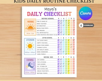Editable Kids Daily Routine Planner - Morning, Afternoon, Evening Checklist for School Week - Edit on Canva - Printable Schedule