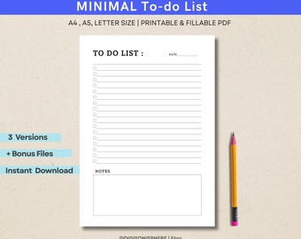 Minimal To Do List Printable, Simple Tasks List Template, A4/A5/Letter/ Printable & Fillable PDF,Clean Daily Planner Page .
