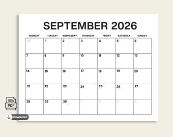 September 2026 Monthly Calendar Printable: Minimalist PDF (Digital Download)