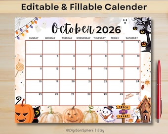 October 2026 Halloween Calendar | Editable Fillable Planner PDF for Kids, Students Teachers & Home | Digital Download + Bonus Weekly Planner