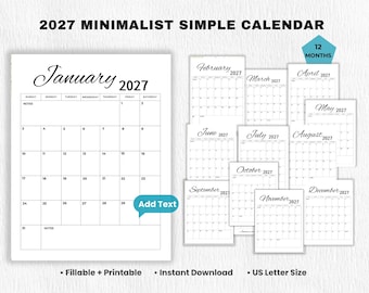 2027  Printable & Editable Calendar with Notes | Minimalist Monthly Calendar | Simple Script Calendar bundle | US Letter | Digital Download