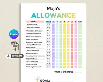 Editable Allowance Chart for Kids | Chore Chart Printable | Reward Chart Template | At Home Routine Chart | Canva Editable A4 US Letter