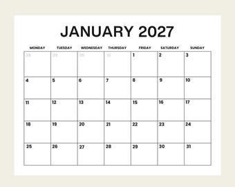 January 2027 Printable Calendar : Minimalist PDF (Digital Download), New year calendar
