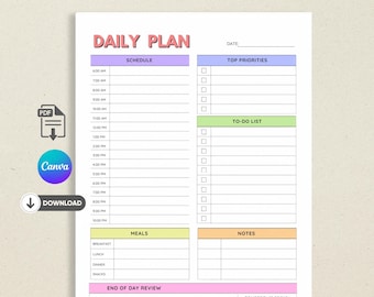 Colourful Daily Editable Planner for Kids & Family | Printable daily Schedule | Canva Editable Template | Instant Download | A4 , Letter