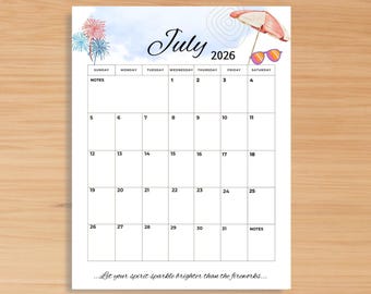 Printable July 2026 Calendar | Editable & Fillable PDF Planner with Quote | Simple script Planner | Instant Download |