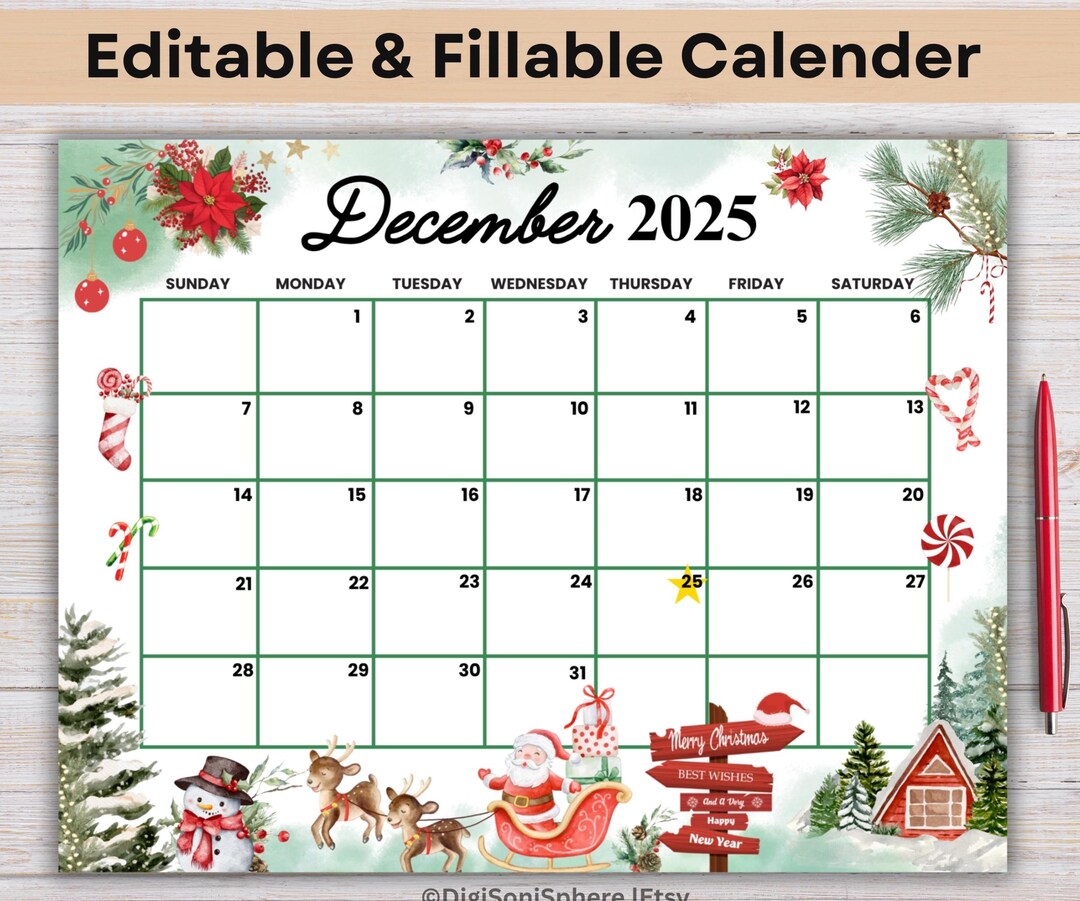 December 2025 Calendar Christmas Theme | Santa & Snowman | Printable