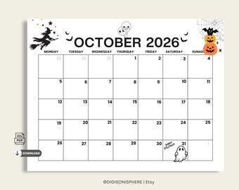 Minimalist October 2026 Halloween Calendar | Simple Spooky Design (Digital Download)