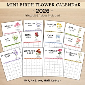 Mini geboortekalender 2026 | Botanische planner invoegen | Maandelijkse bloemenpagina's met betekenis | Afdrukbare pdf in 4 formaten, direct downloaden