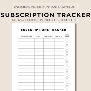 Abonnement-Tracker zum Ausdrucken: Ausfüllbares PDF, A4/A5/Letter (Instant Download)