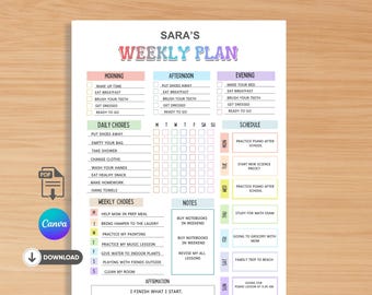 Kids Chore Planner Printable | Weekly Chores, Responsibility Chart, Daily Planner, Schedule, Affirmation , Editable Canva Template