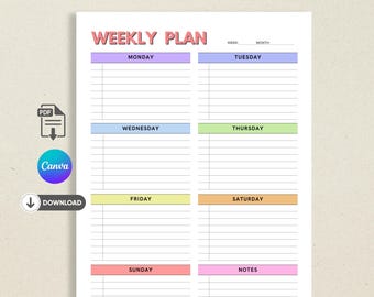 Colourful Weekly Planner for Kids & Family | Printable , Editable Weekly Schedule | Canva Editable Template | Instant Download | A4 , Letter