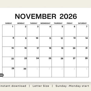 May include: A printable monthly calendar page for November 2026 with a clean black and white grid layout. The calendar features bold black text for the month and year, with days of the week listed from Sunday through Saturday in a standard format.