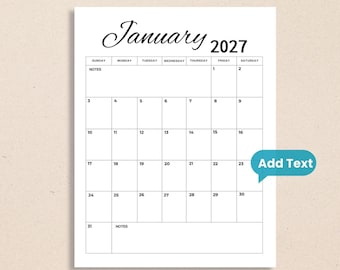 January 2027 Simple Script Calendar | Fillable PDF Planner (Digital Download),Letter Size