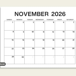 May include: A printable monthly calendar page for November 2026 with a black and white grid layout. The header displays the month and year in bold black text. Each day of the week is labeled above the numbered grid, including a PDF icon and download button.