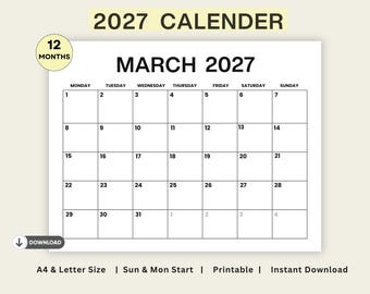 2027 Minimalist Printable Calendar  | 12 Month Minimalist Calendar | A4 & US Letter | Sunday- Monday Start | PDF PNG