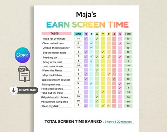 Editable Screen Time Chart for Kids, EARN Screen Time Checklist, Printable Screen time Rules, Canva Template A4 US Letter
