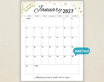 Editable January 2027 Calendar | Simple Script Planner | Printable & Fillable New year Calendar With Quotes| Instant Download (PDF, PNG,JPG)