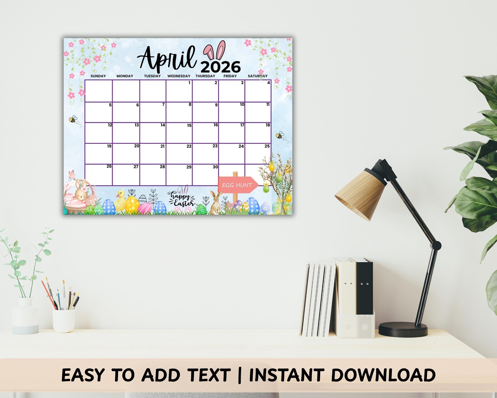 Printable April 2026 Calendar | Easter Theme, Editable PDF (digital ...