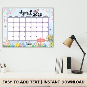 Printable April 2026 Calendar | Easter Theme, Editable PDF (digital ...